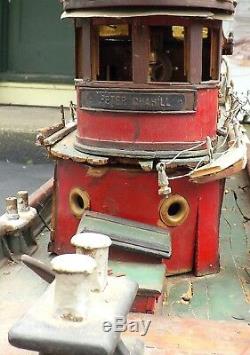 Rare C. 1900 Huge Intricate Folk Art Wind Up Wooden Tug Boat The Peter Cahill