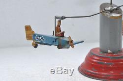 Rare Early Vintage Wind Up Airplane & Zeppelin Flying Carousel Tin Toy