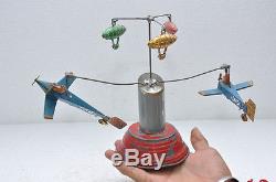 Rare Early Vintage Wind Up Airplane & Zeppelin Flying Carousel Tin Toy