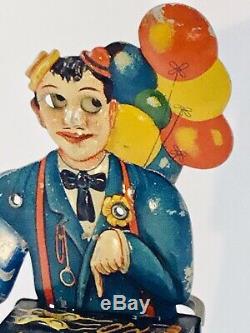 Rare Kellerman German Tin Litho Wind Up Balloon Man With Mickey Mouse In Bag