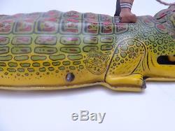 Rare Vintage 1930s Tin Litho Wind Up Toy J Chein Alligator With Rider EXCELLENT