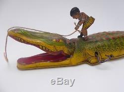 Rare Vintage 1930s Tin Litho Wind Up Toy J Chein Alligator With Rider EXCELLENT