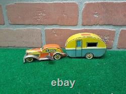 Rare Vintage Japan CK Foreign Tin Wind-up Sedan & Camper Caravan Trailer Set