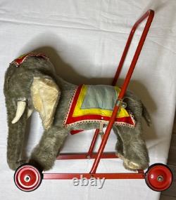 Rare Vintage Merrythought Elephant Push Along / Toy On Wheels