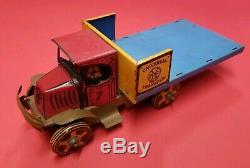 Rare Vintage Tin Litho Wind-up Marx Universal Transfer Mack Flatbed Stake Truck