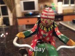 Rare Vintage Trick Jumping Circus Clown Tin Windup Motorcycle Toy Japan Sato