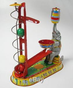 Rare Vtg Circus Elephant German Wind Up Lift Balls Tin Jw Toy Germany Us Zone