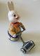 Red China Vintage Tin Toy Ms 806 Rabbit Pushing Lawn Mower Extremely Rare
