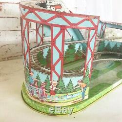 Retro Roller Coaster Wind-Up Tin Litho Toy, WORKS, Vintage J. Chein Mechanical C