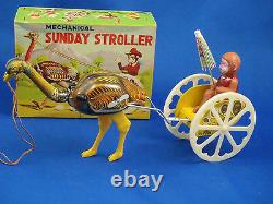 SUNDAY STROLLER Japan windup tin toy Ostrich Monkey Cart Celluloid MIB 0127