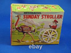 SUNDAY STROLLER Japan windup tin toy Ostrich Monkey Cart Celluloid MIB 0127