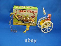 SUNDAY STROLLER Japan windup tin toy Ostrich Monkey Cart Celluloid MIB 0127