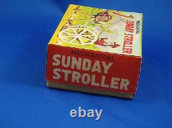 SUNDAY STROLLER Japan windup tin toy Ostrich Monkey Cart Celluloid MIB 0127