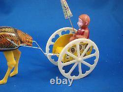 SUNDAY STROLLER Japan windup tin toy Ostrich Monkey Cart Celluloid MIB 0127