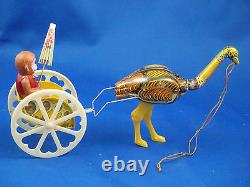 SUNDAY STROLLER Japan windup tin toy Ostrich Monkey Cart Celluloid MIB 0127