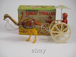 SUNDAY STROLLER Japan windup tin toy Ostrich Monkey Cart Celluloid MIB 0127