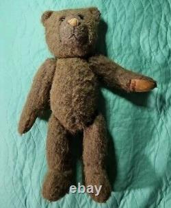 TEDDY BEAR with Jointed Head Arms and Legs Brown Leather Stitched Nose Paws Feet