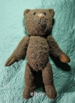 TEDDY BEAR with Jointed Head Arms and Legs Brown Leather Stitched Nose Paws Feet