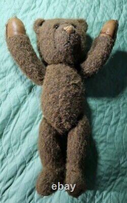 TEDDY BEAR with Jointed Head Arms and Legs Brown Leather Stitched Nose Paws Feet
