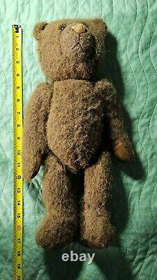 TEDDY BEAR with Jointed Head Arms and Legs Brown Leather Stitched Nose Paws Feet