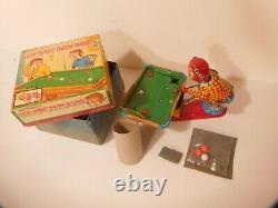 TPS Lucky Monkey Playing Billiards NMIB Tin Wind-up with pool balls, packaging BOX