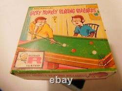 TPS Lucky Monkey Playing Billiards NMIB Tin Wind-up with pool balls, packaging BOX