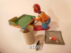 TPS Lucky Monkey Playing Billiards NMIB Tin Wind-up with pool balls, packaging BOX