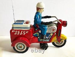 Tin Litho Wind Up Toy Police Motorcycle 1950s. KO Japan. Works Great. Mint/Near