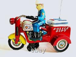 Tin Litho Wind Up Toy Police Motorcycle 1950s. KO Japan. Works Great. Mint/Near