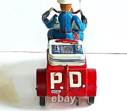 Tin Litho Wind Up Toy Police Motorcycle 1950s. KO Japan. Works Great. Mint/Near
