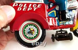 Tin Litho Wind Up Toy Police Motorcycle 1950s. KO Japan. Works Great. Mint/Near