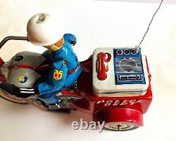 Tin Litho Wind Up Toy Police Motorcycle 1950s. KO Japan. Works Great. Mint/Near