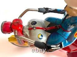 Tin Litho Wind Up Toy Police Motorcycle 1950s. KO Japan. Works Great. Mint/Near