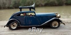 Tin Toy Car Tri-Ang Minic Police Car w Loudspeaker & 2 Figures Wind-Up Vintage