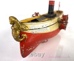 Uebelacker ca. 1900 Paddlewheeler Windup Tin Boat with Figurehead