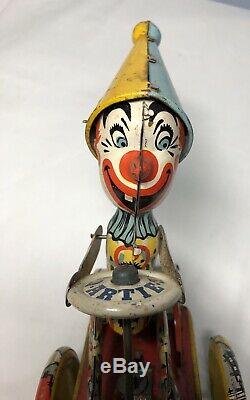Unique Art Artie the Clown Tin Wind-Up Toy Spinning Jojo Vintage Antique Litho