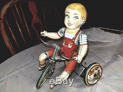 Unique Art Mfg Co Inc KIDDY CYCLIST Tin Litho Toy Wind-up Child Vintage Antique