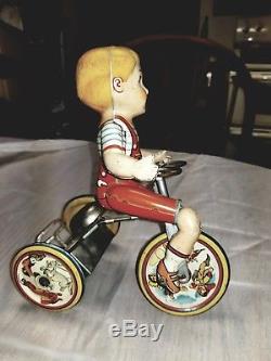 Unique Art Mfg Co Inc KIDDY CYCLIST Tin Litho Toy Wind-up Child Vintage Antique