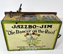 Unique Art Tin Litho Windup Jazzbo Jim Dancer on Roof withBoy Violin Player