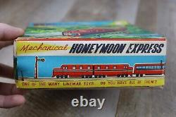 VINTAGE 1940s MARX MECHANICAL HONEYMOON EXPRESS TIN WIND UP TRAIN TOY BOX J2498