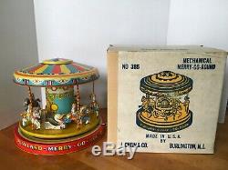 VINTAGE 1950'S CHEIN & CO TIN WIND UP MERRY GO ROUND CAROUSEL TOY WithBOX