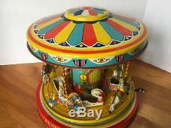 VINTAGE 1950'S CHEIN & CO TIN WIND UP MERRY GO ROUND CAROUSEL TOY WithBOX