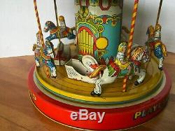VINTAGE 1950'S CHEIN & CO TIN WIND UP MERRY GO ROUND CAROUSEL TOY WithBOX