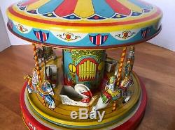 VINTAGE 1950'S CHEIN & CO TIN WIND UP MERRY GO ROUND CAROUSEL TOY WithBOX