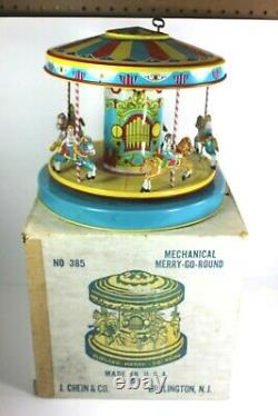 VINTAGE 1950s J. CHEIN MERRY GO ROUND CAROUSEL TIN LITHO WIND UP TOY with BOX