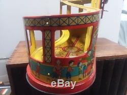 VINTAGE J. CHEIN TIN LITHO WINDUP ROLLER COASTER No. 275 With 2 RED CARS 1940s