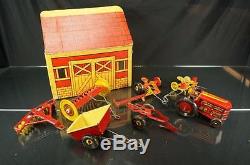 VINTAGE MARX TIN WIND UP TRACTOR AND FARM EQUIPMENT With BARN BOX ORIGINAL