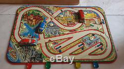 VINTAGE OLD BOARD GAME TIN TOY STATION CITY MECHANICAL CARS BUS WIND-UP 50's BOX