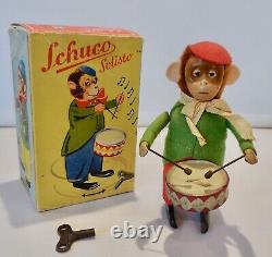 VINTAGE SCHUCO Working Wind-up SOLISTO Monkey Playing a Drum with Schuco Key & Box