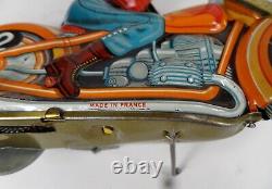 VINTAGE TECHNOFIX GE 255 TIN LITHO WIND UP MOTORCYCLE With RIDER- KEY- FRANCE